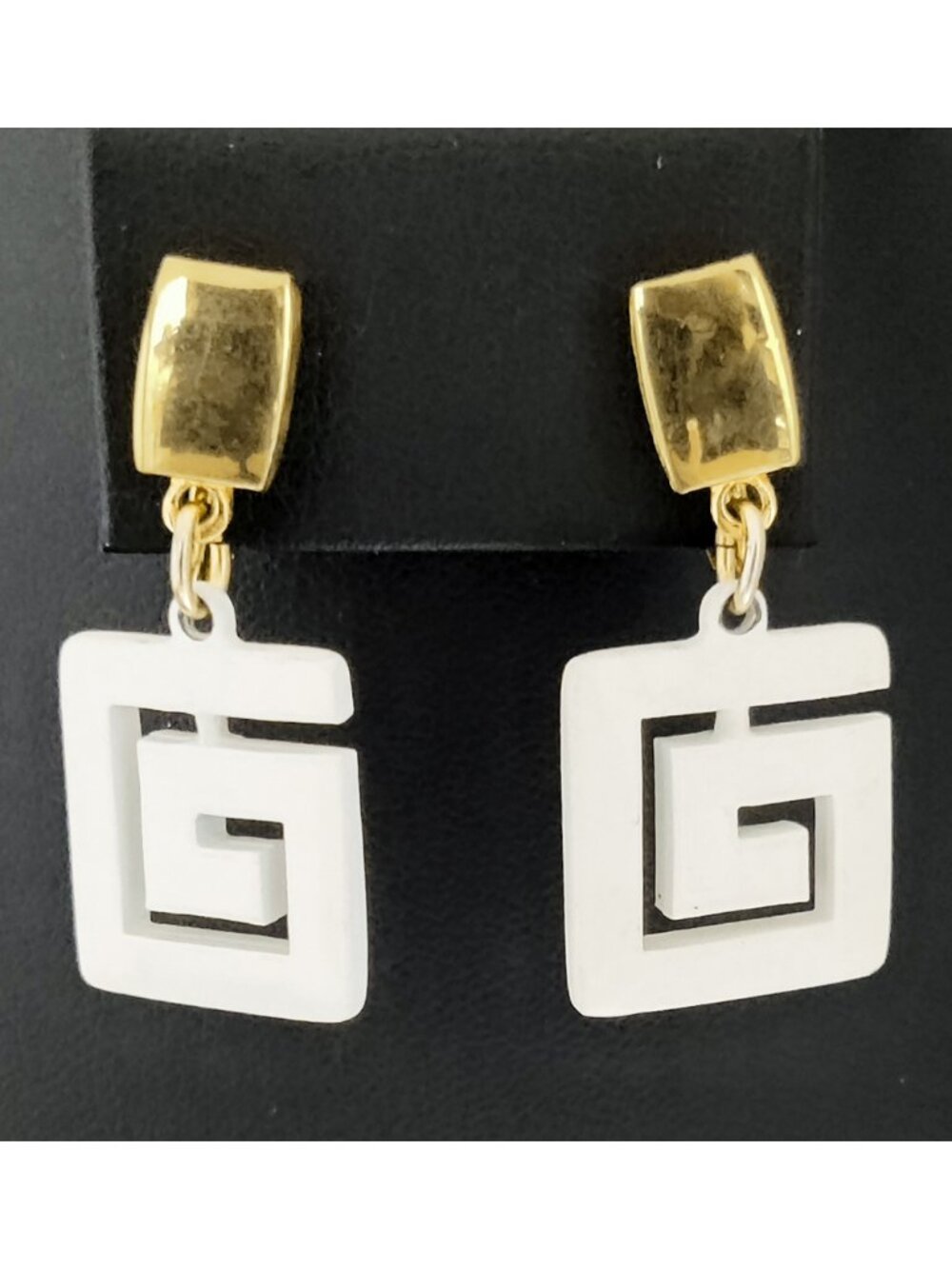 Vintage 1960s Crown Trifari Gold Toned White Green Key Spiral Modernist Earrings